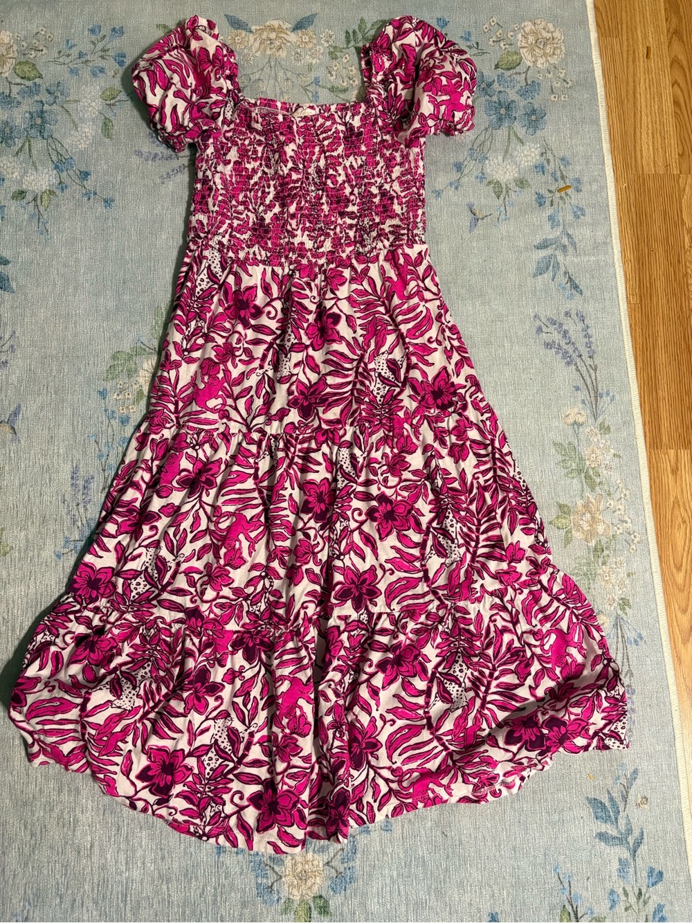 Lilly Pulitzer Hot Pink Floral Smocked Puff-Sleeve Dress